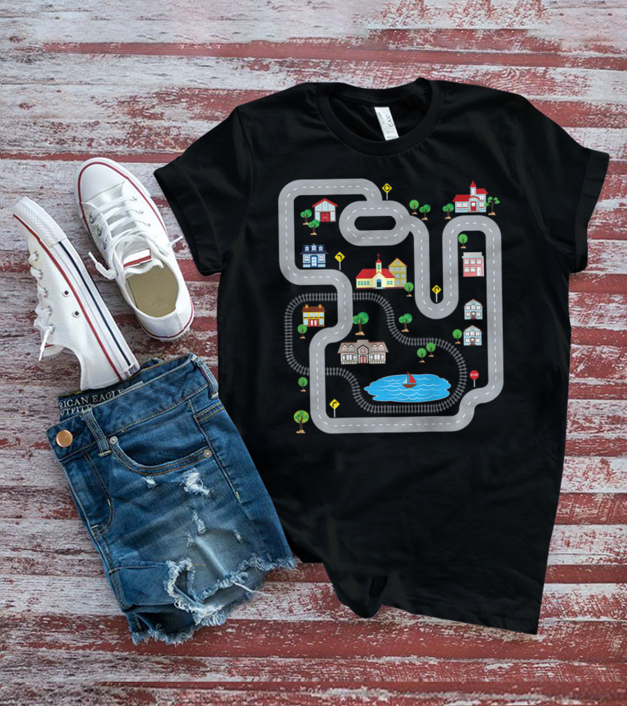 Playmat Road With Train Track And Car Race Route Through Town T-Shirt