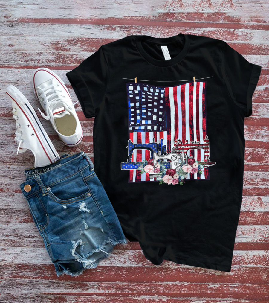 American Quilting Sewing Machines USA Flag Floral T-Shirt
