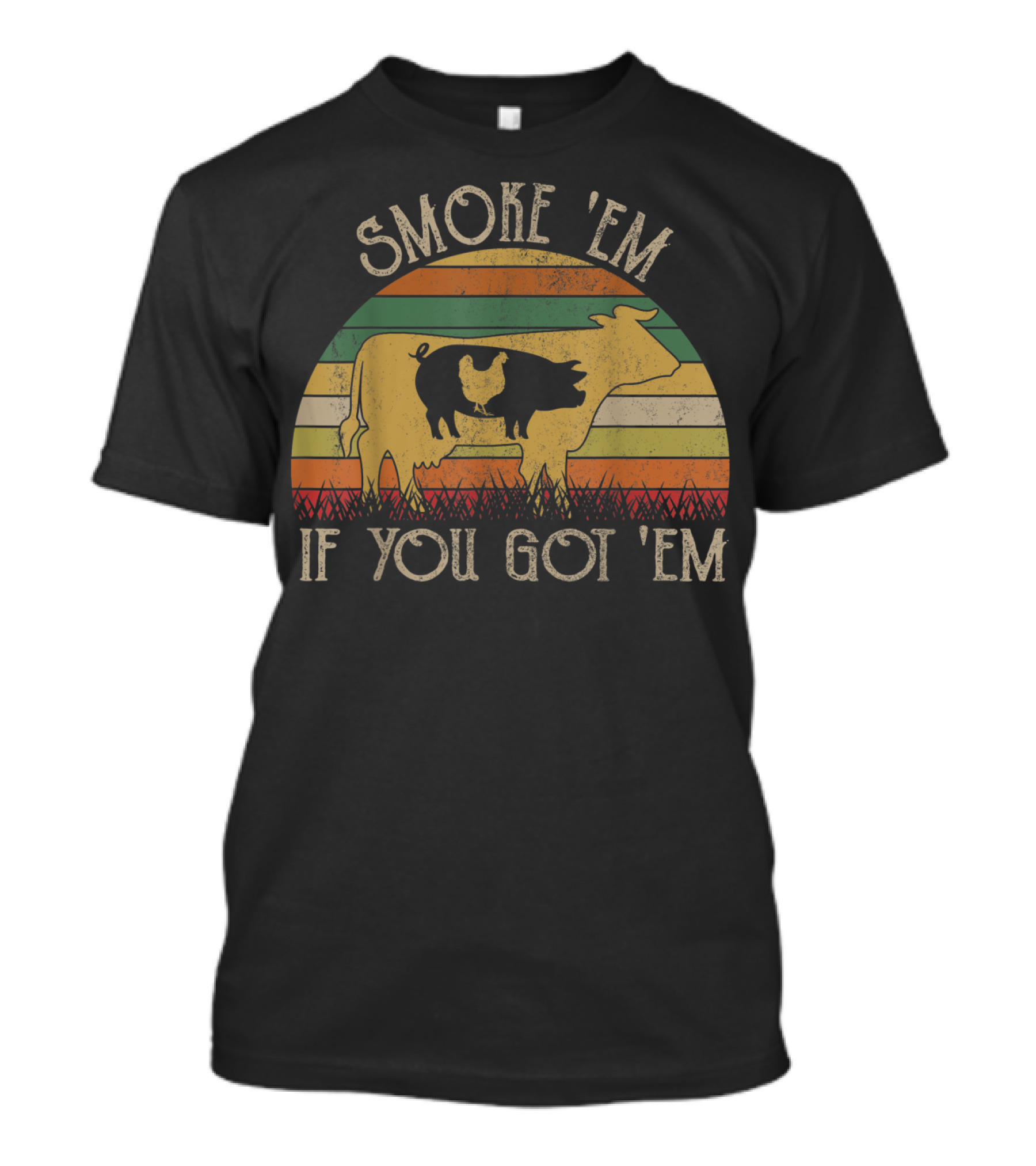 Retro Smoke 'Em If You Got 'Em BBQ Grilling Cow Chicken Smoky Sunset Stripes T-Shirt