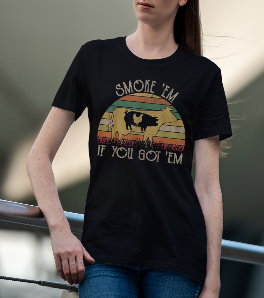 Retro Smoke 'Em If You Got 'Em BBQ Grilling Cow Chicken Smoky Sunset Stripes T-Shirt