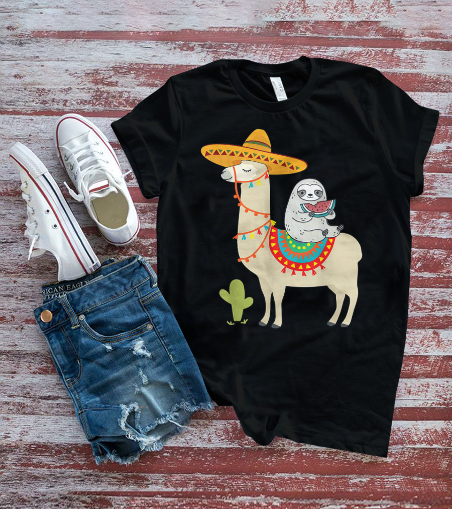 Cinco De Mayo Sloth Riding Llama Fiesta With Sombrero And Cactus T-Shirt