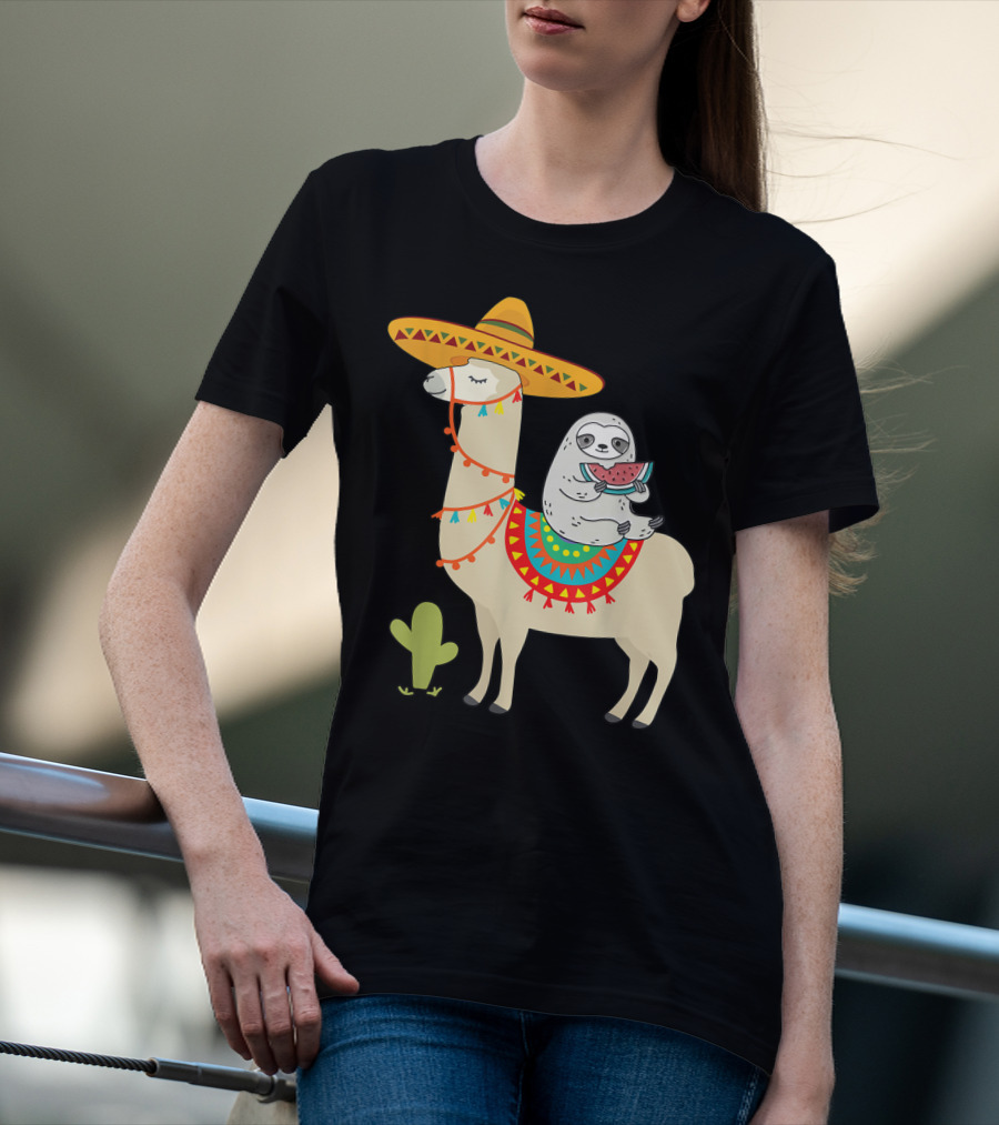 Cinco De Mayo Sloth Riding Llama Fiesta With Sombrero And Cactus T-Shirt