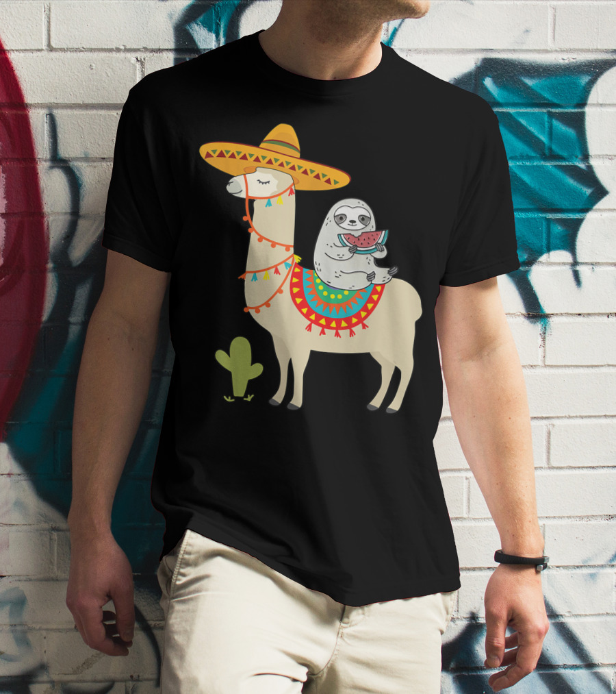 Cinco De Mayo Sloth Riding Llama Fiesta With Sombrero And Cactus T-Shirt
