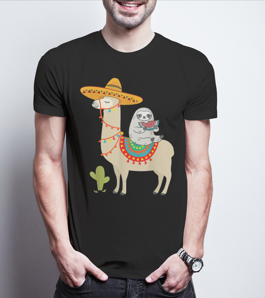 Cinco De Mayo Sloth Riding Llama Fiesta With Sombrero And Cactus T-Shirt