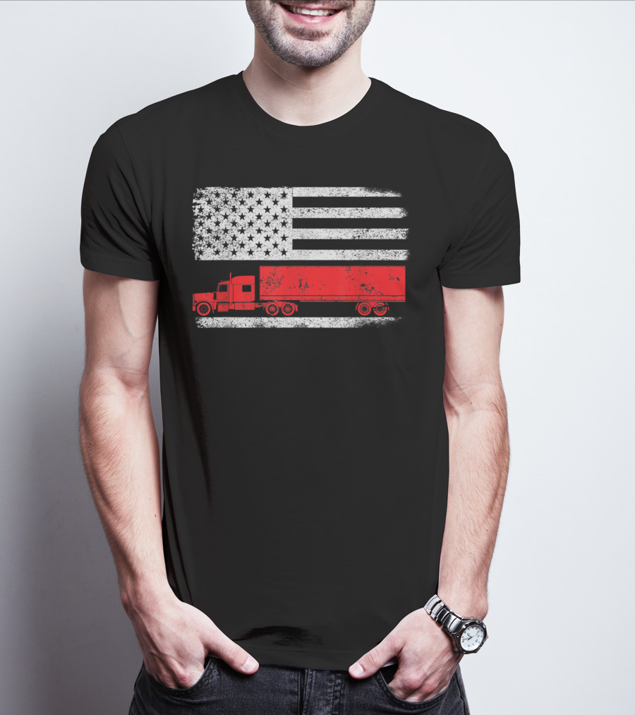 USA Flag American Trucker Red Semi Truck T-Shirt