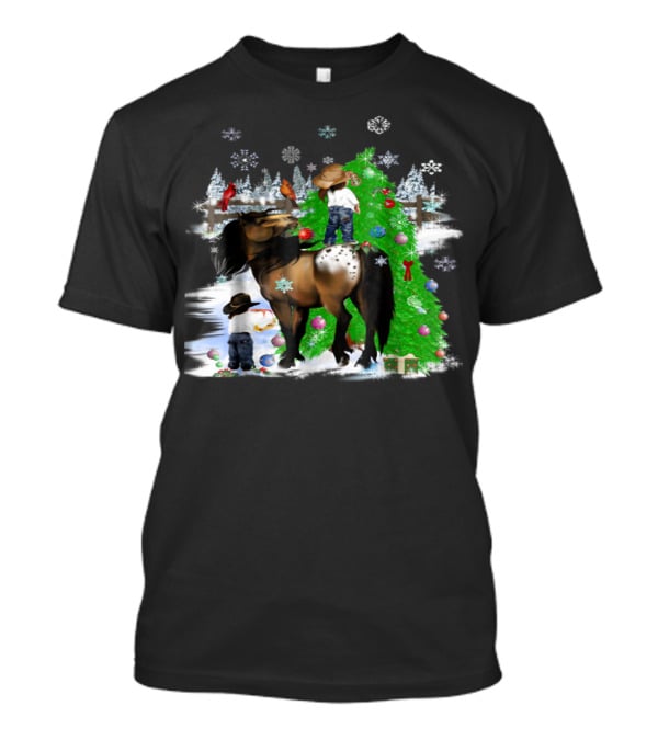 Holiday Cowboy Christmas Scene With Horse Snowflakes And Tree T-Shirt