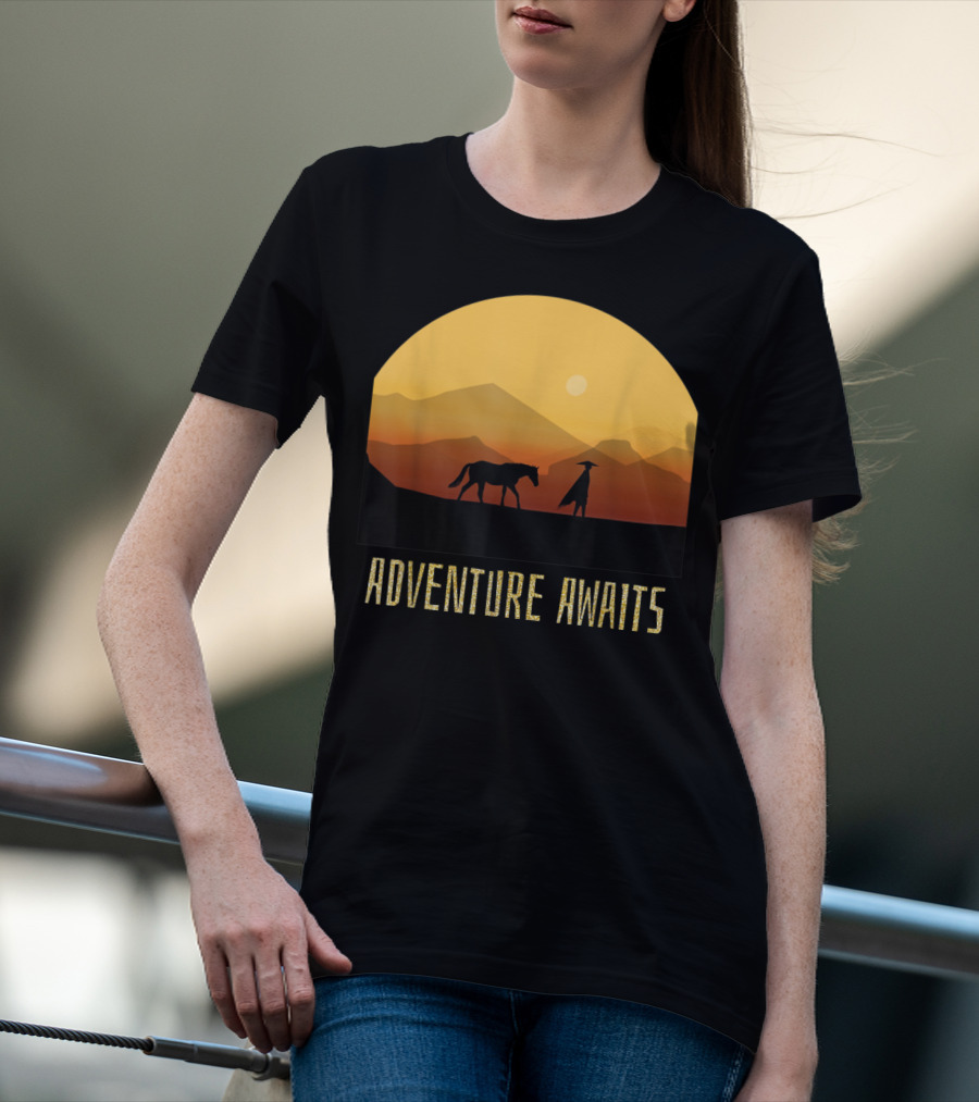 Adventure Awaits Sunset Man Horse Mountains T-Shirt