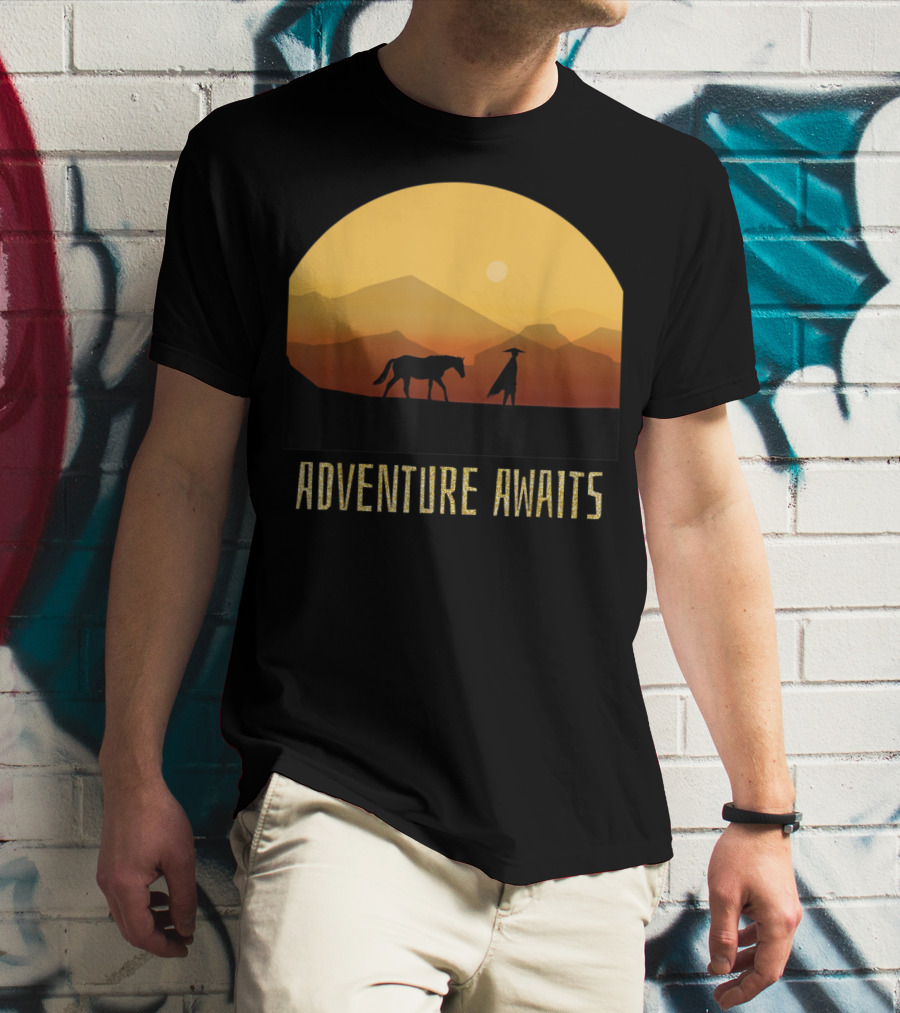 Adventure Awaits Sunset Man Horse Mountains T-Shirt