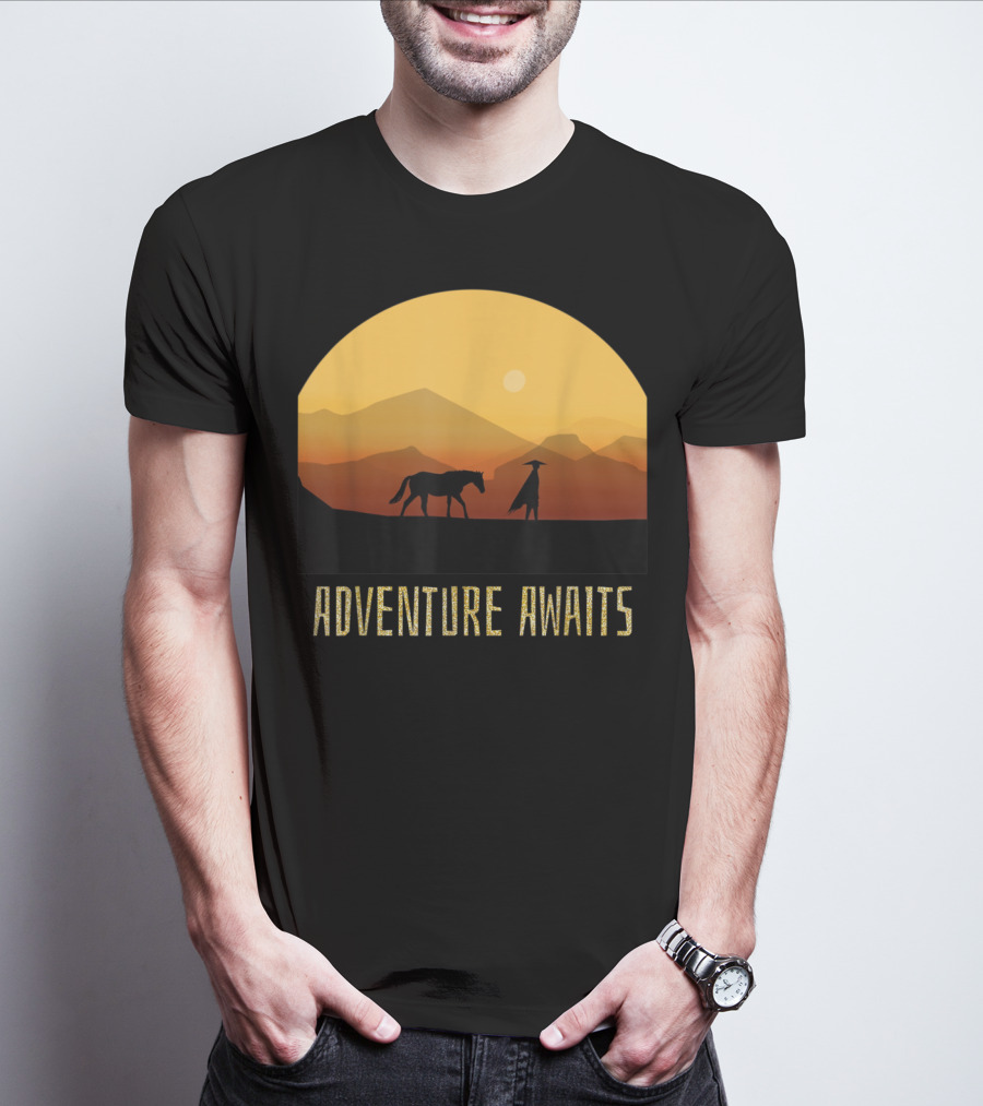 Adventure Awaits Sunset Man Horse Mountains T-Shirt
