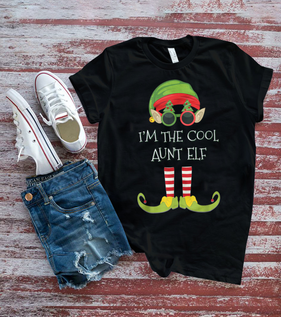 I'm The Cool Aunt Elf Christmas Costume Striped Stockings Green Hat Glasses T-Shirt