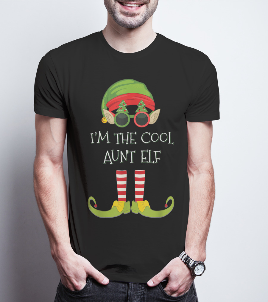 I'm The Cool Aunt Elf Christmas Costume Striped Stockings Green Hat Glasses T-Shirt