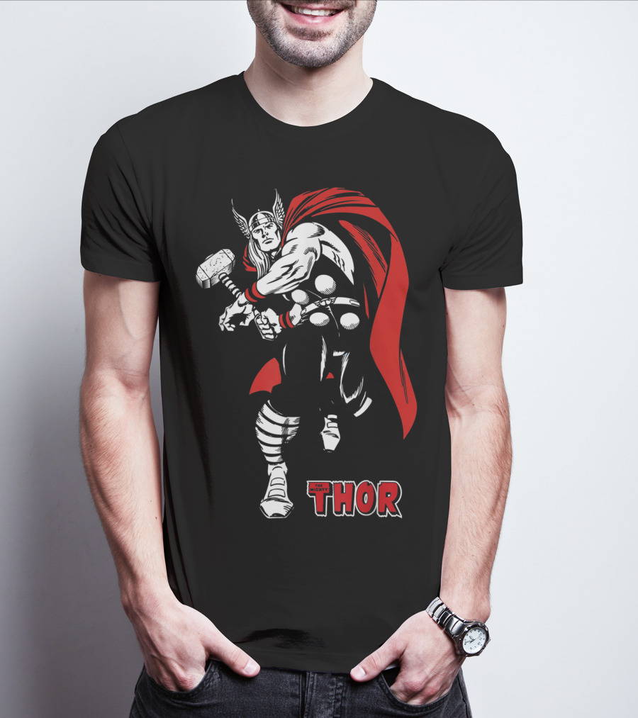 Marvel Comics Thor Mighty Hammer Swing Red Cape T-Shirt