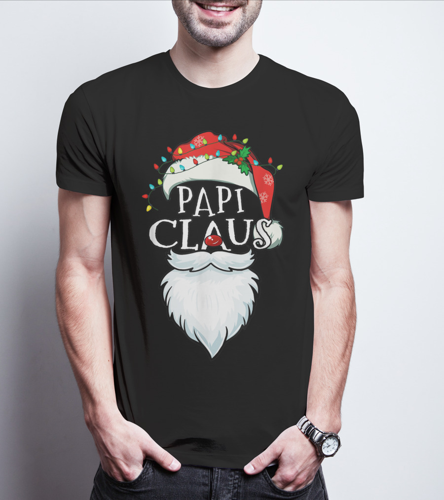 Mens Papi Claus Santa Hat Xmas Costume Family Beard Lights T-Shirt
