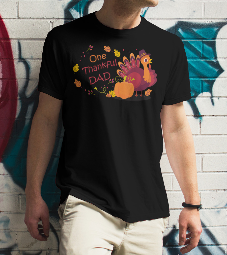 One Thankful Dad Turkey With Pumpkin And Autumn Leaves T-Shirt