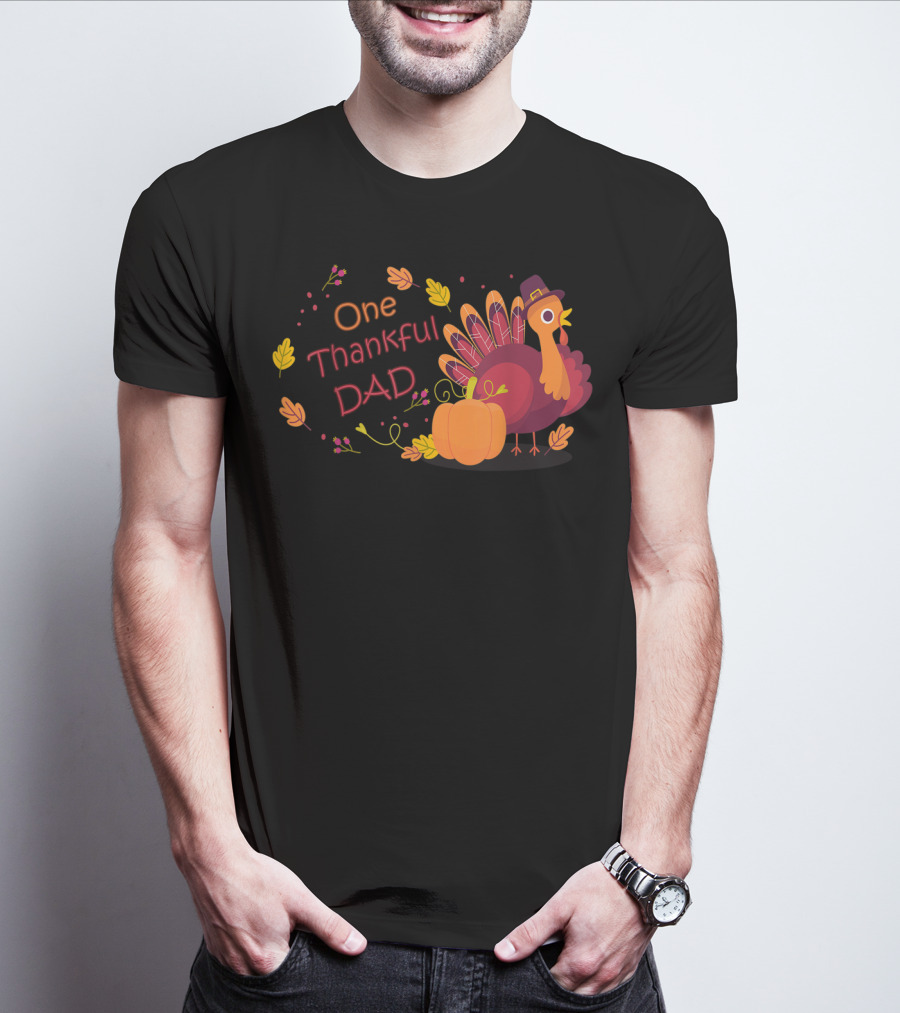 One Thankful Dad Turkey With Pumpkin And Autumn Leaves T-Shirt