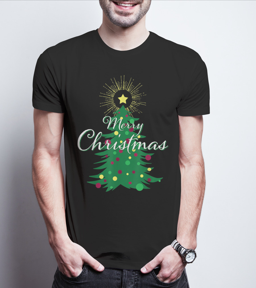 Merry Christmas Tree With Star And Colorful Ornaments For Family Party T-Shirt