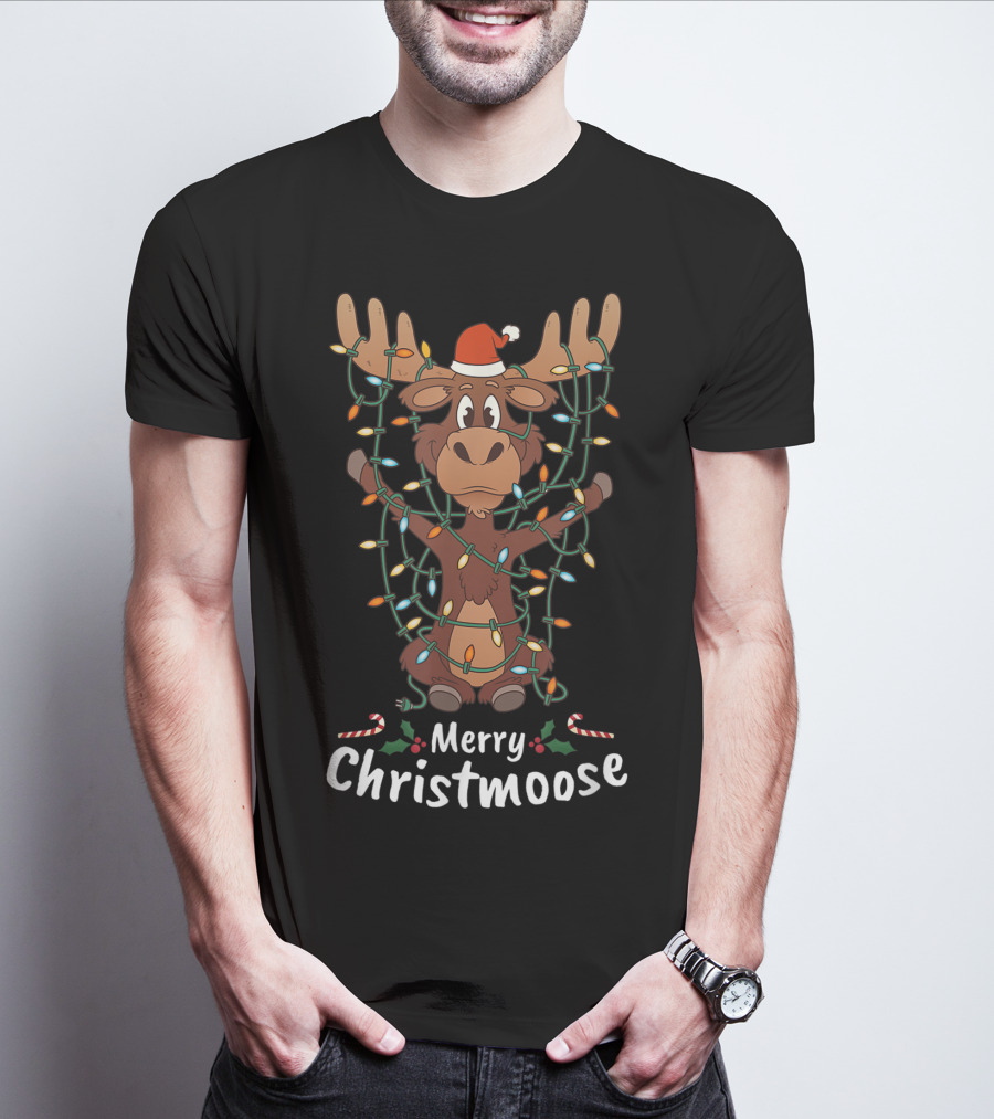 Merry Christmoose Christmas Moose Xmas Tree Lights Santa Hat T-Shirt