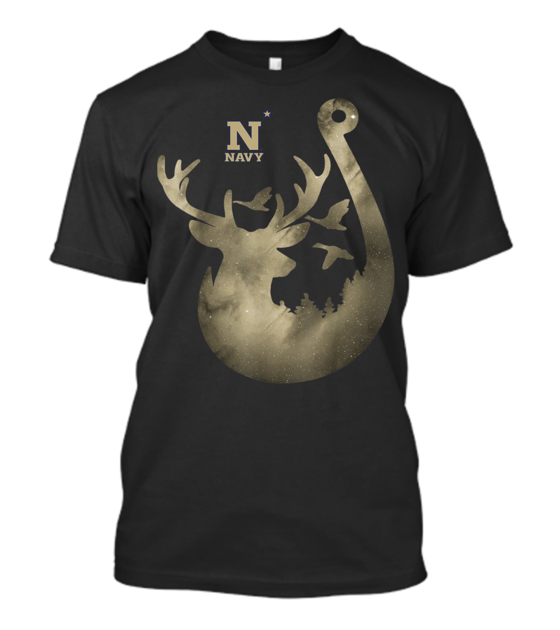 Navy Midshipmen Deer Galaxy Hook With Birds And Starry Sky T-Shirt