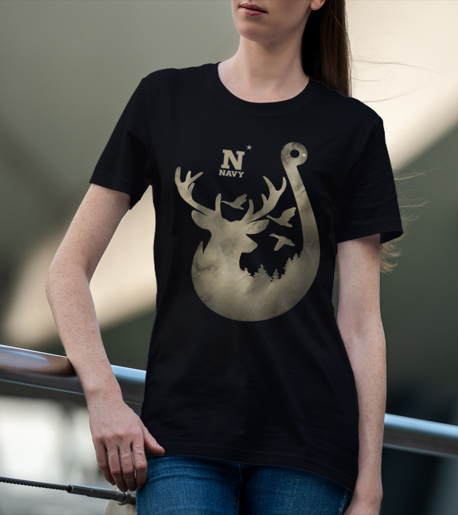 Navy Midshipmen Deer Galaxy Hook With Birds And Starry Sky T-Shirt