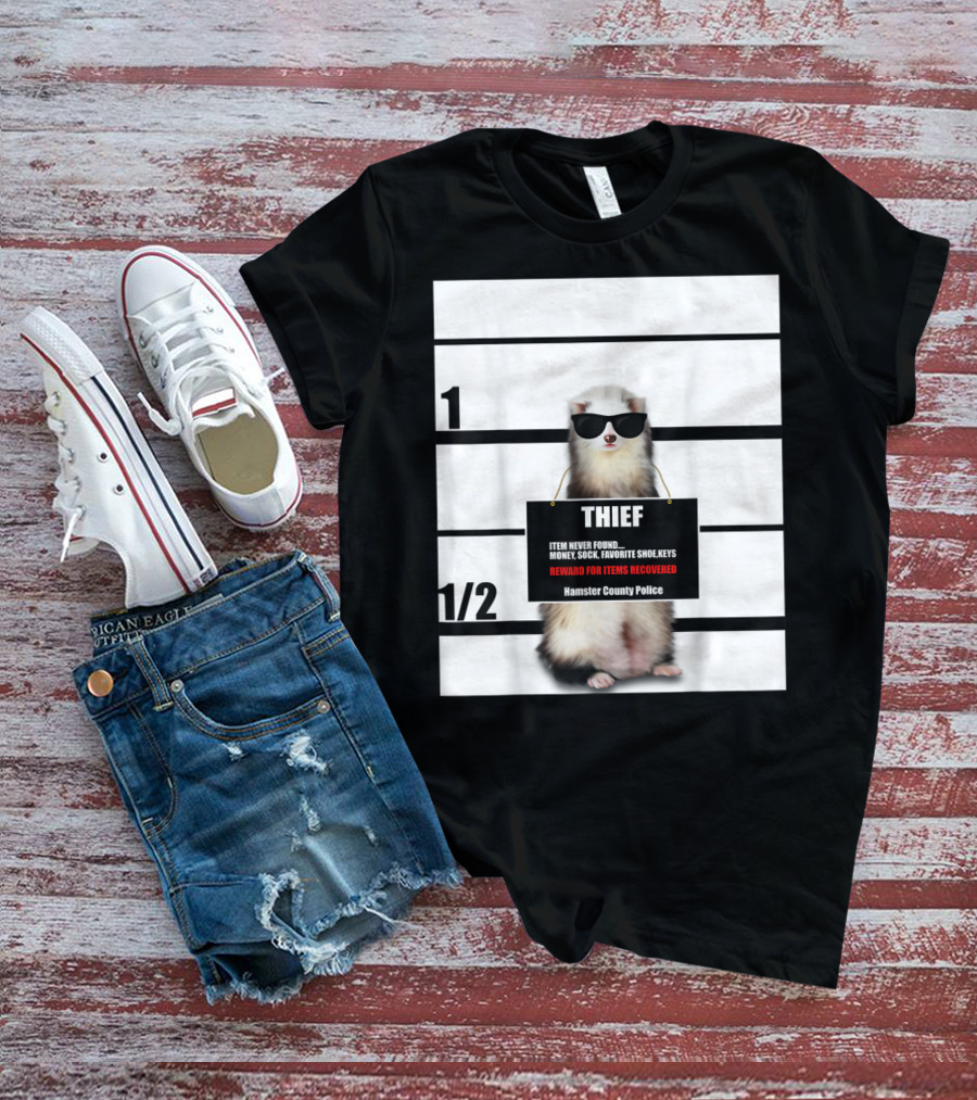 Pet Ferret Thief Mugshot Hamster County Police Funny Ferret Reward For Items Recovered T-Shirt