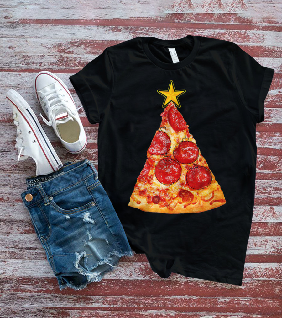Pizza Slice Christmas Tree With Pepperoni Ornaments And Star Topper T-Shirt