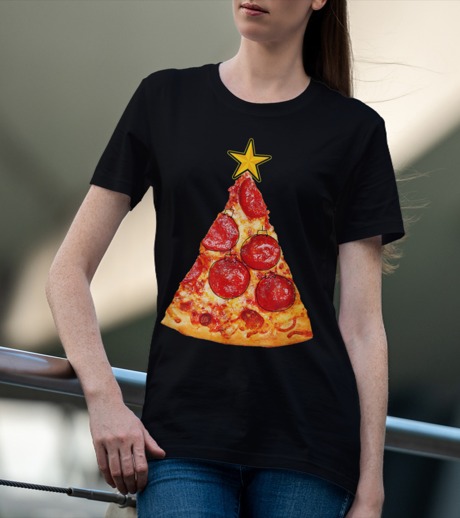 Pizza Slice Christmas Tree With Pepperoni Ornaments And Star Topper T-Shirt