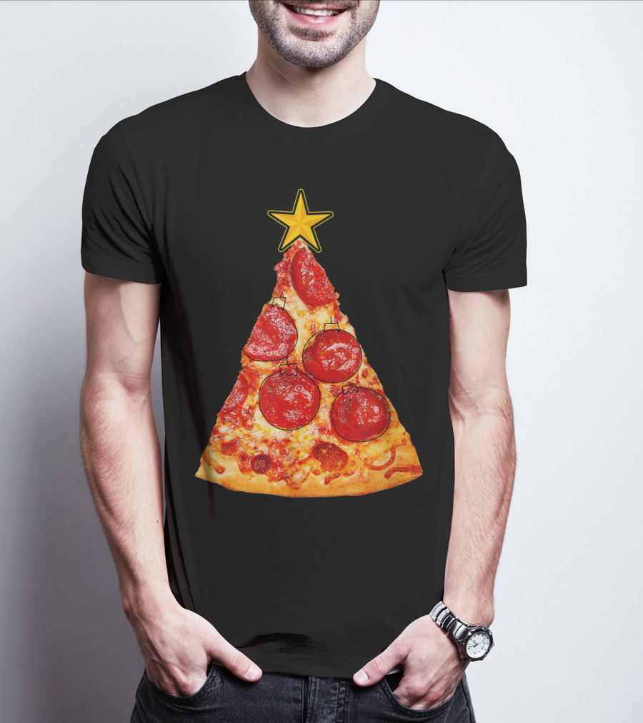Pizza Slice Christmas Tree With Pepperoni Ornaments And Star Topper T-Shirt