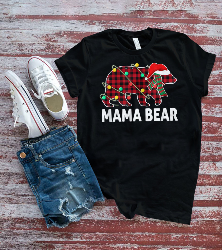 Mama Bear Plaid Santa Hat Christmas Lights T-Shirt