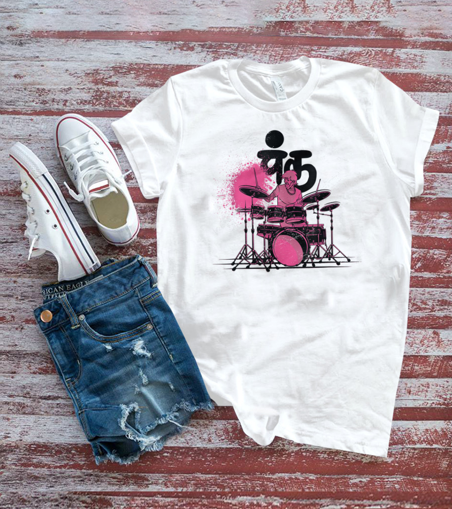 Pink Punk Band Drummer Graphic With Drum Set And Grunge Effect T-Shirt
