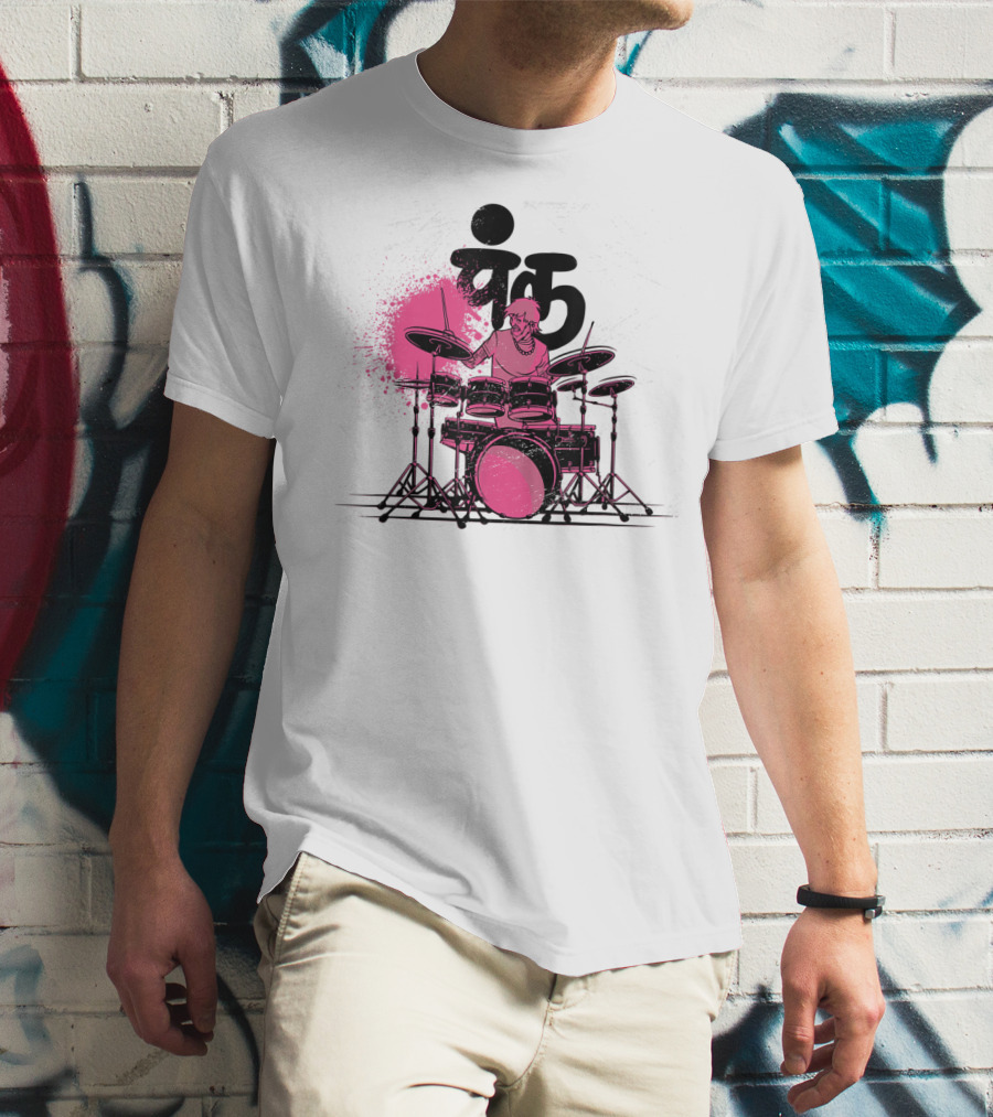 Pink Punk Band Drummer Graphic With Drum Set And Grunge Effect T-Shirt