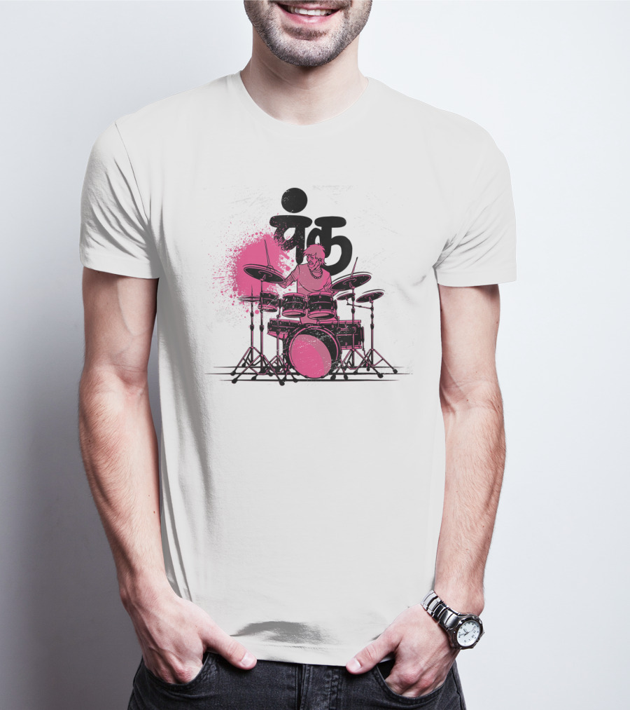 Pink Punk Band Drummer Graphic With Drum Set And Grunge Effect T-Shirt