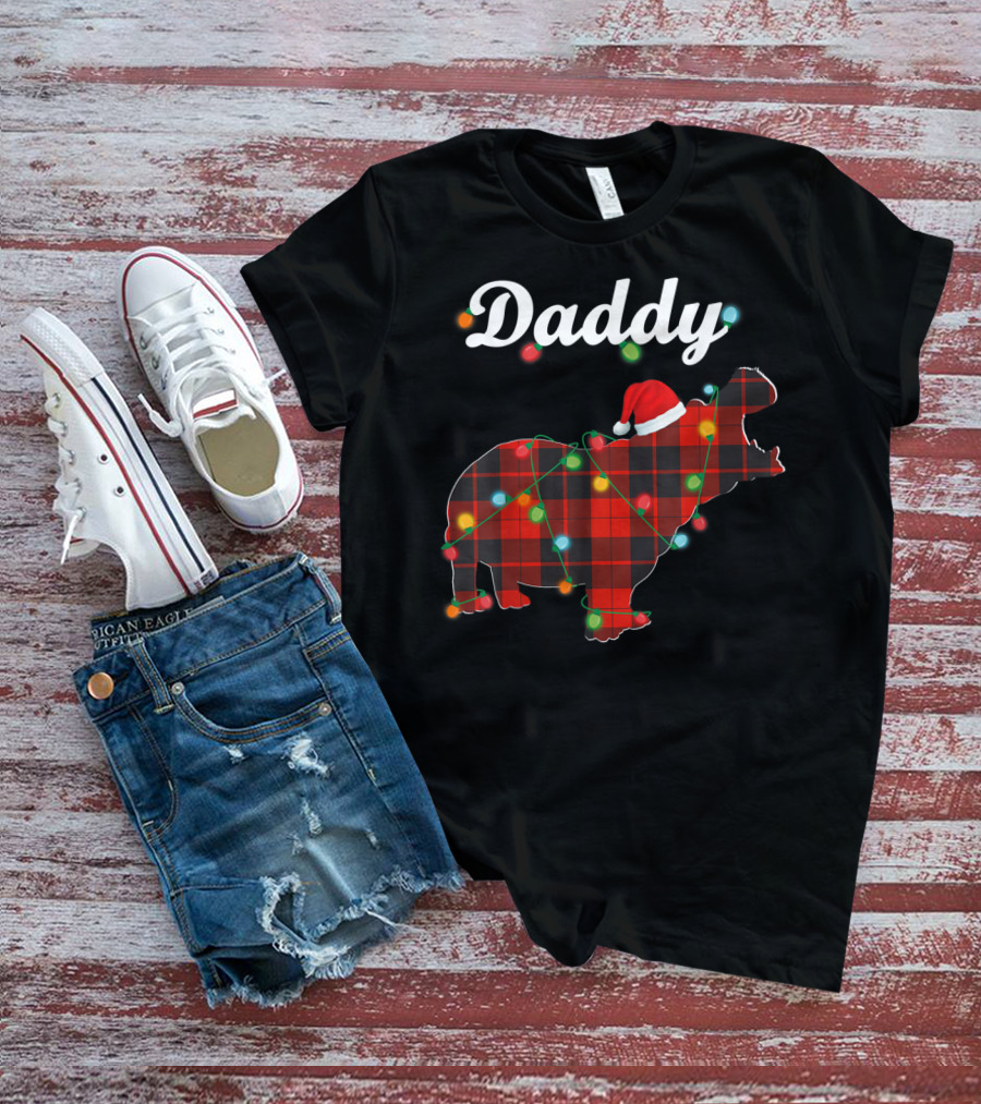 Daddy Red Plaid Hippopotamus Christmas Lights Santa Hat T-Shirt