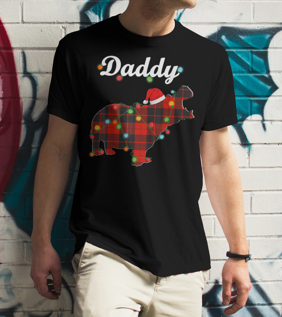 Daddy Red Plaid Hippopotamus Christmas Lights Santa Hat T-Shirt