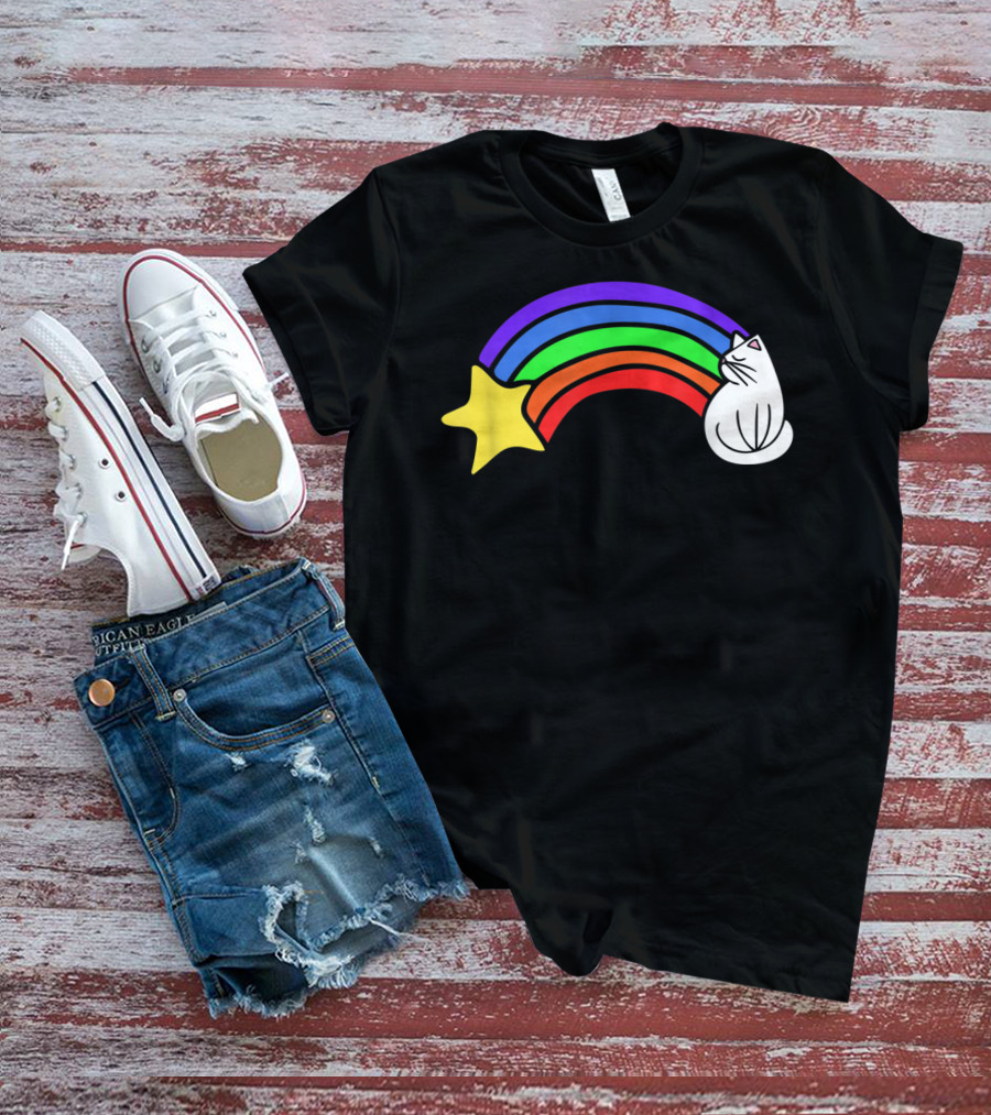 Retro Rainbow Cat Cute Vintage Starry Rainbow Cat T-Shirt
