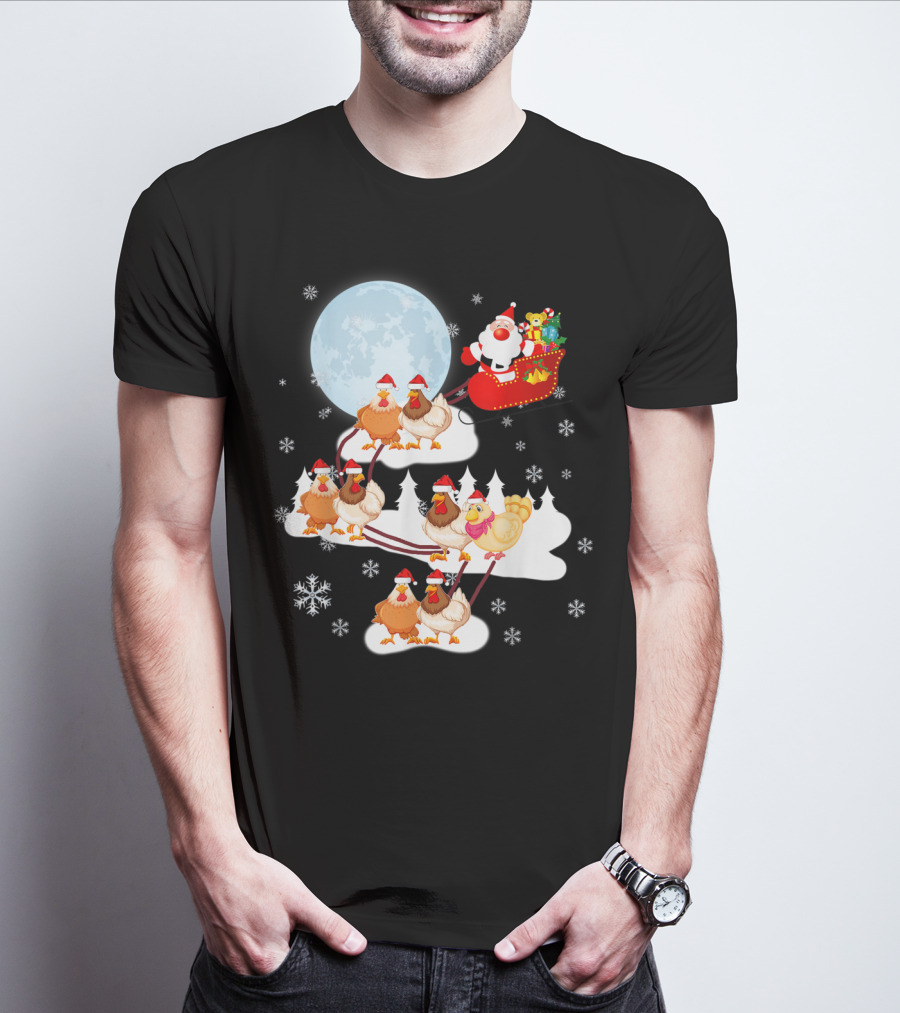 Santa Sleigh Sled Riding Chickens Full Moon Christmas Snowflakes T-Shirt