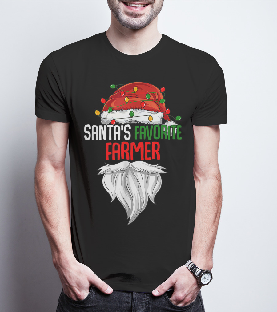Santa's Favorite Farmer Christmas Beard And Hat Lights T-Shirt