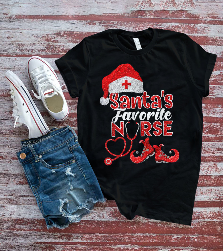 Santa's Favorite Nurse Heart Stethoscope Elf Shoes Merry Xmas Party T-Shirt