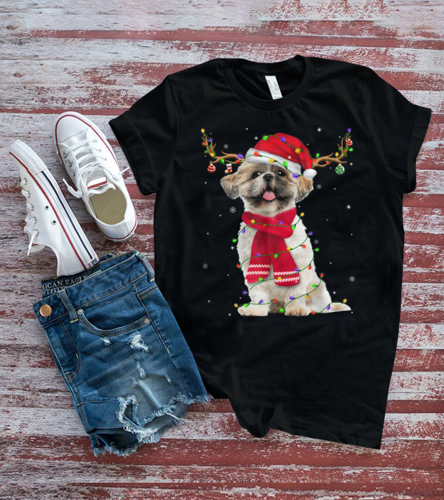 Shih Tzu Christmas Reindeer Antlers Red Scarf Santa Hat Festive Lights T-Shirt