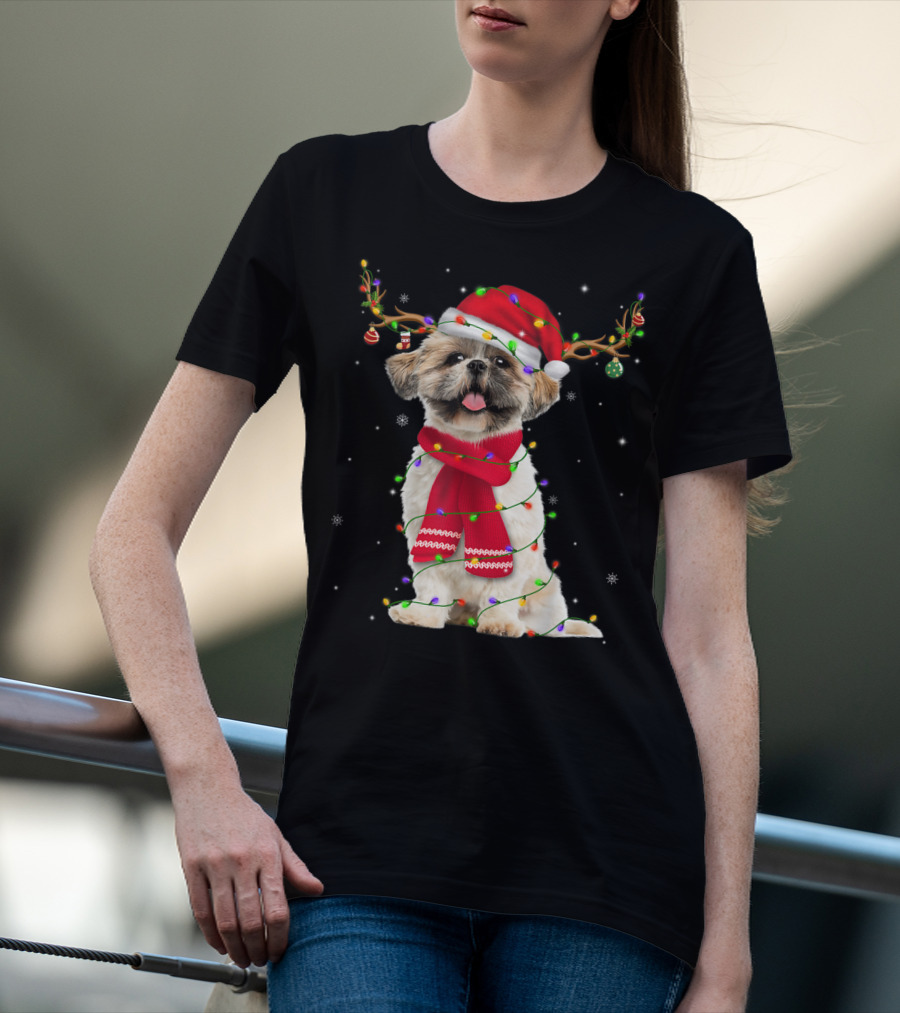 Shih Tzu Christmas Reindeer Antlers Red Scarf Santa Hat Festive Lights T-Shirt