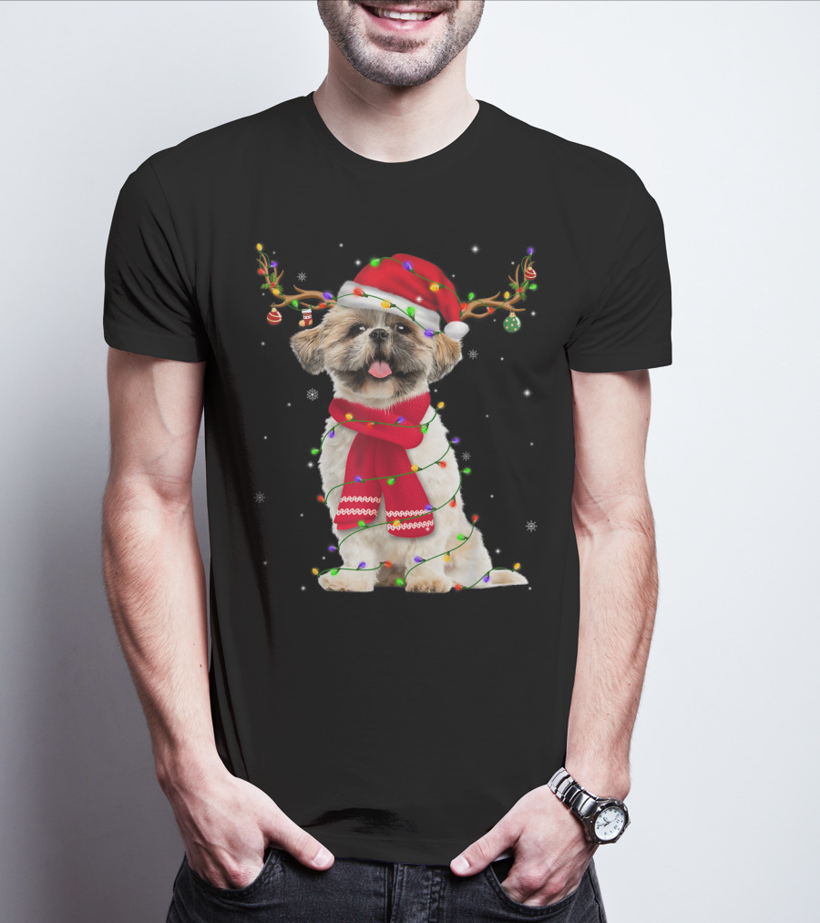 Shih Tzu Christmas Reindeer Antlers Red Scarf Santa Hat Festive Lights T-Shirt
