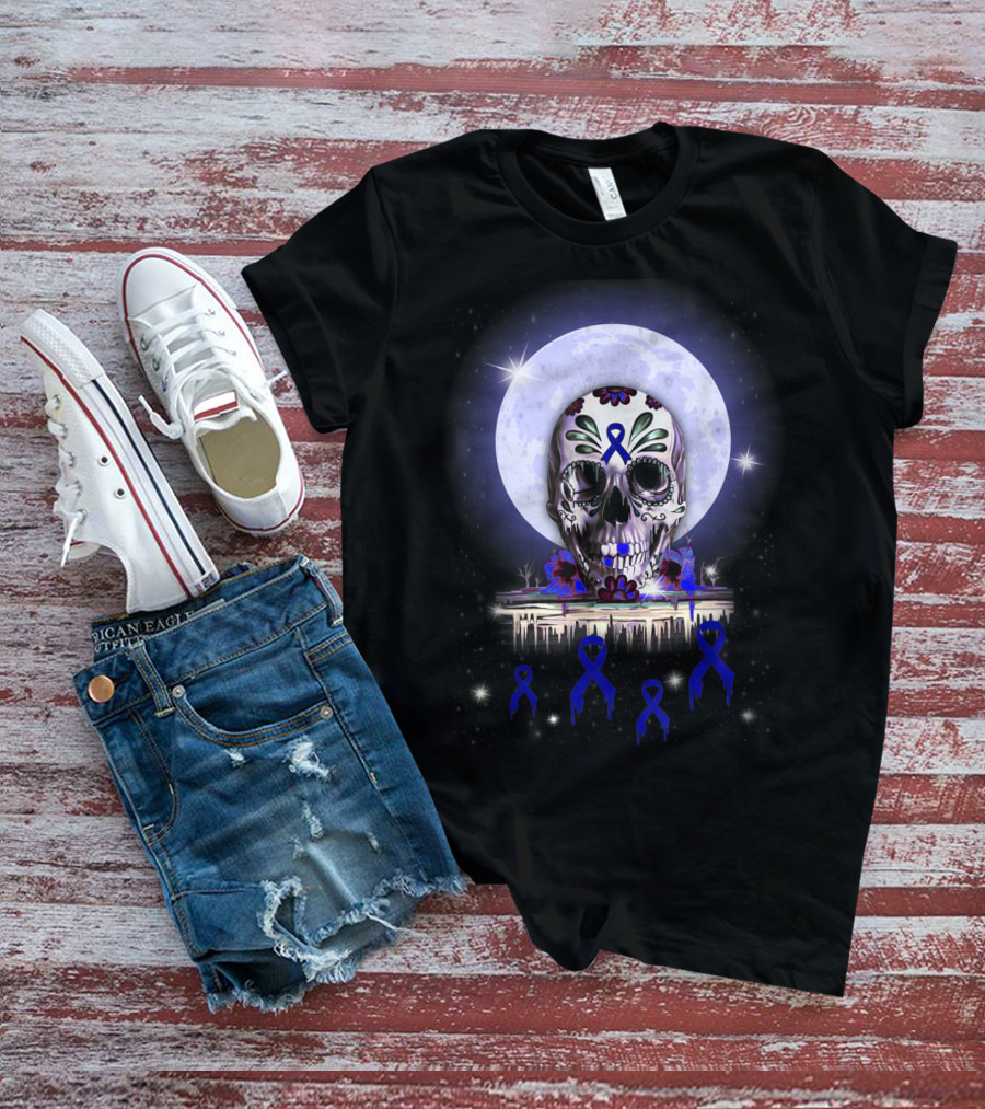 Skull With Floral Motifs And Blue Ribbon In Front Of Full Moon For Rectal Cancer Awareness T-Shirt