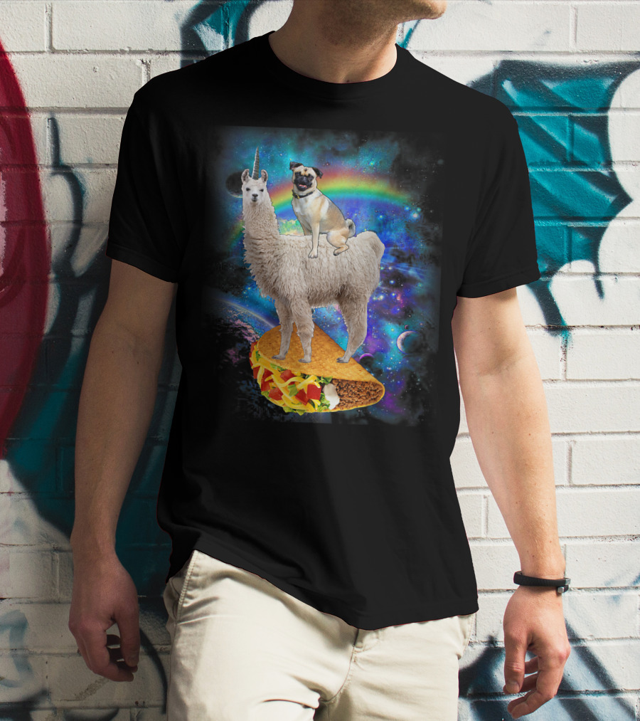 Space Pug On Llama With Taco In Galaxy Background T-Shirt