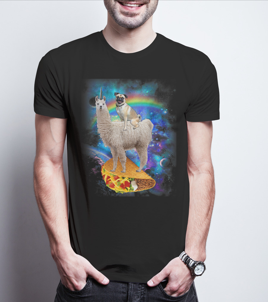 Space Pug On Llama With Taco In Galaxy Background T-Shirt