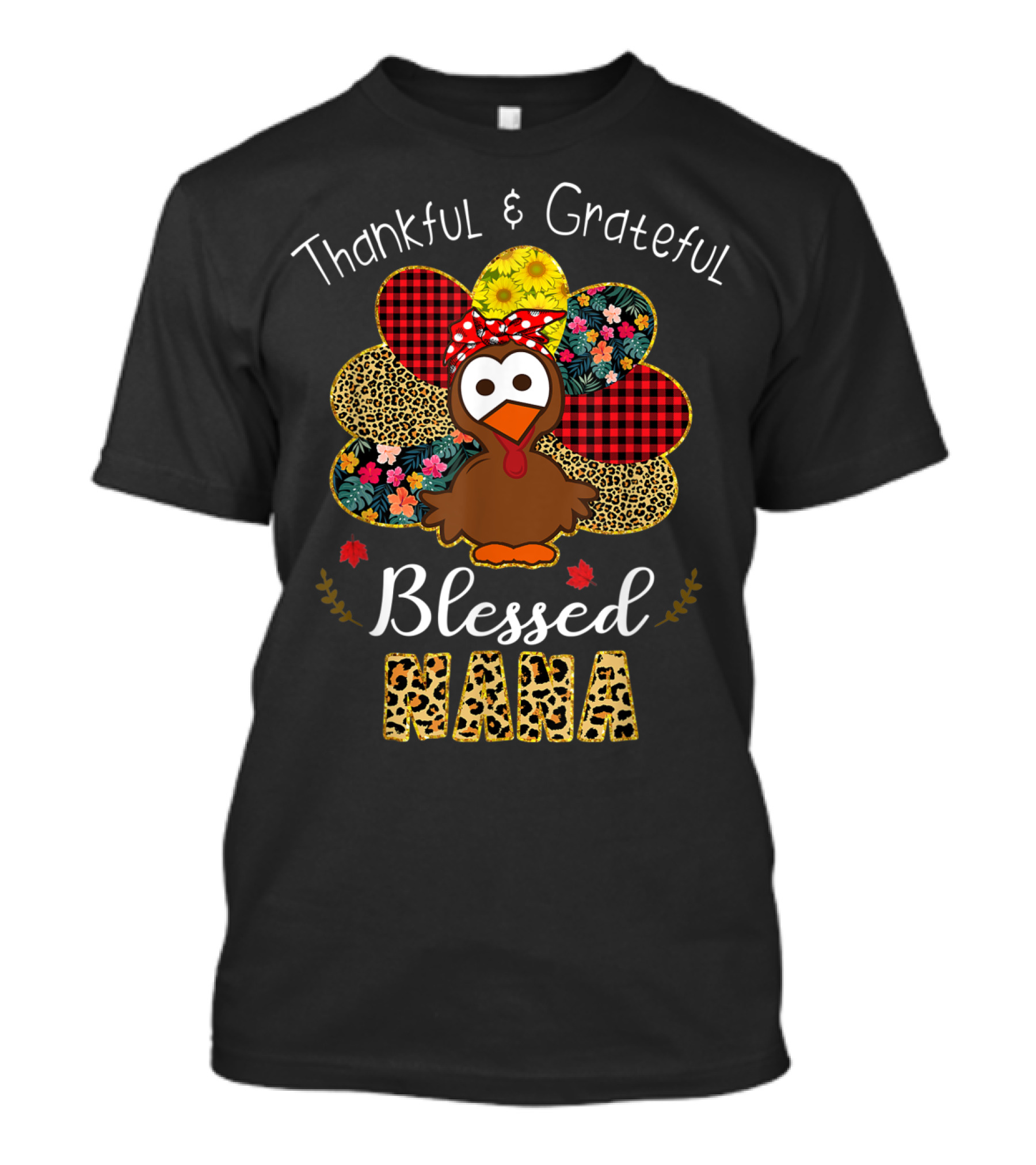 Thankful Grateful Blessed Nana Leopard Plaid Floral Turkey T-Shirt
