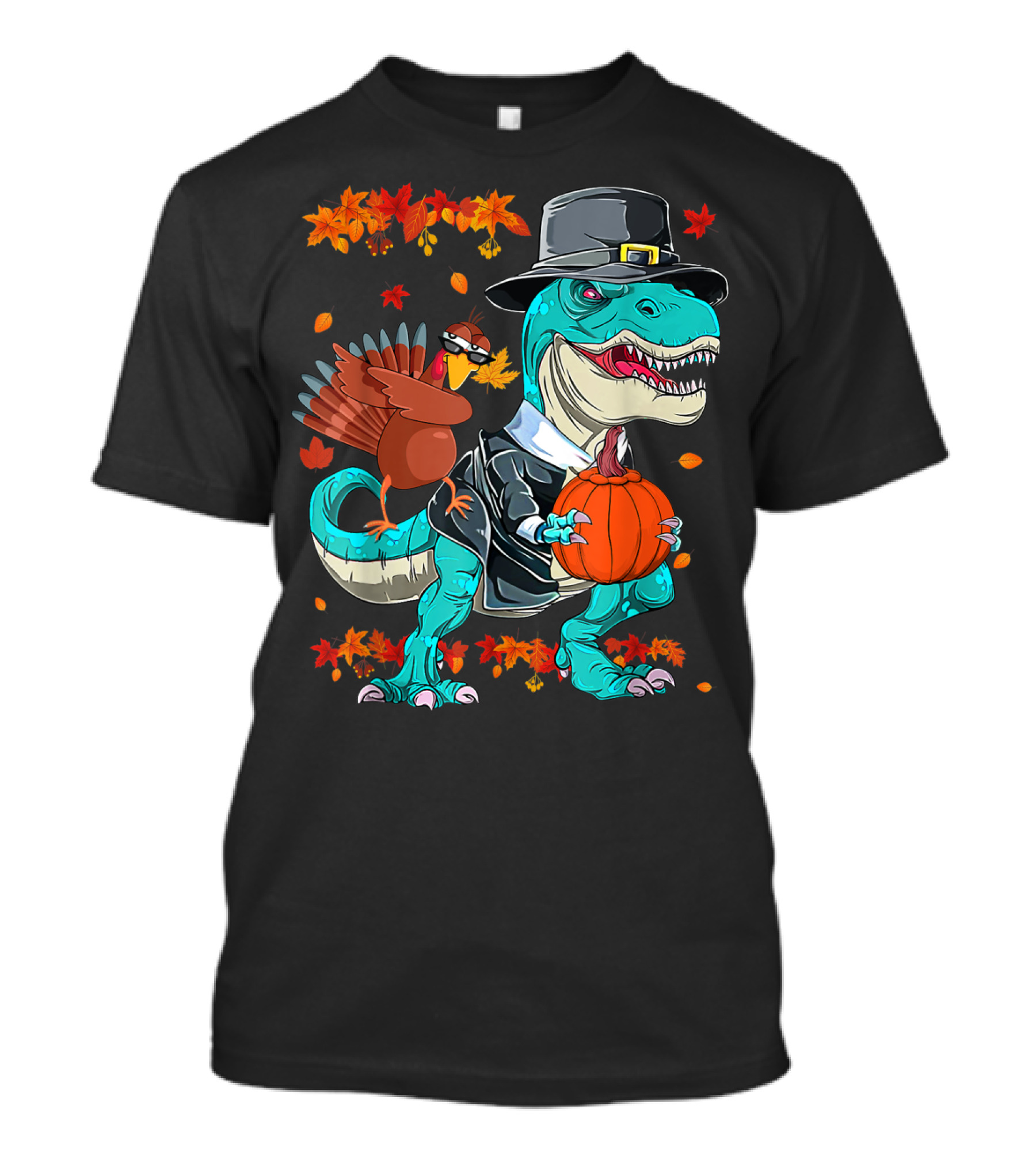 Thanksgiving Pilgrim T-Rex Dinosaur Dabbing Turkey With Pumpkin And Autumn Leaves T-Shirt