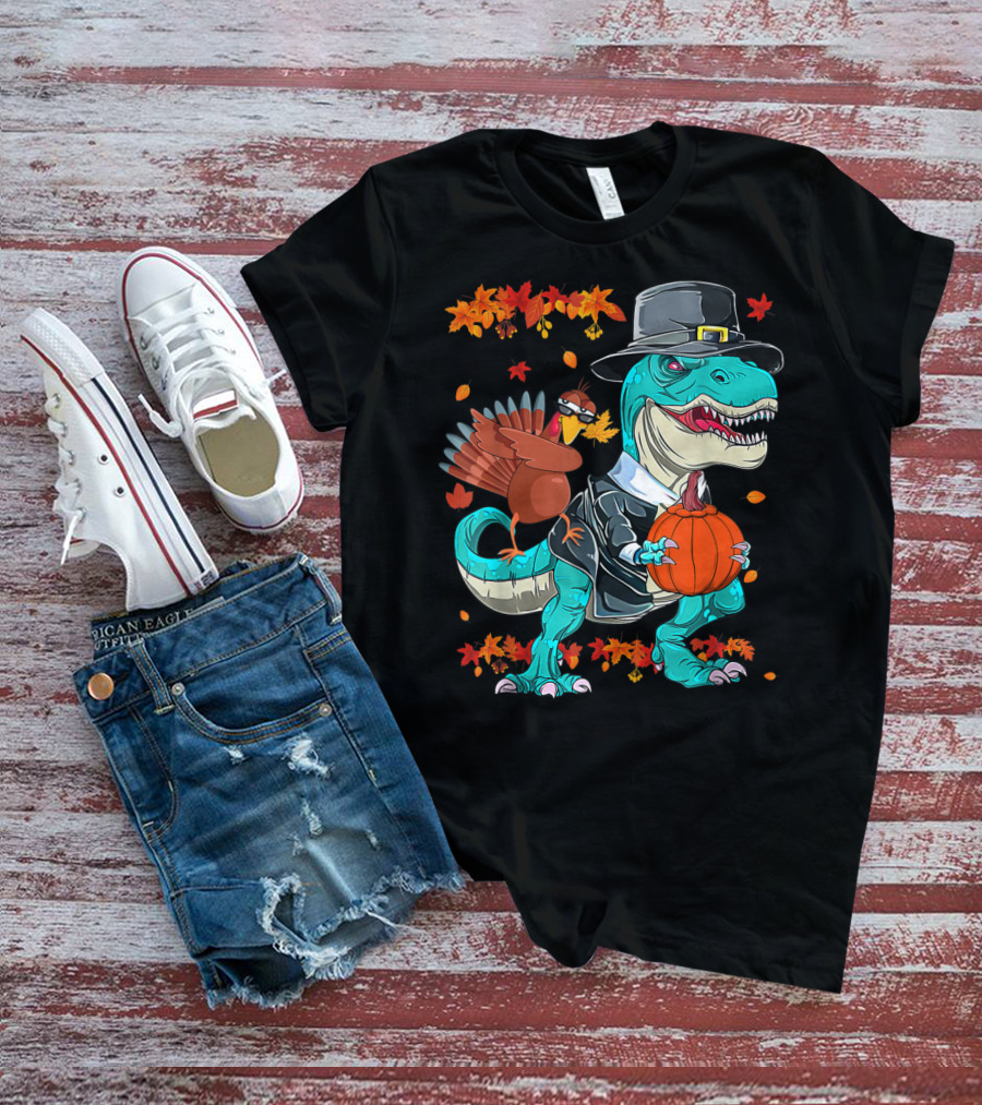 Thanksgiving Pilgrim T-Rex Dinosaur Dabbing Turkey With Pumpkin And Autumn Leaves T-Shirt