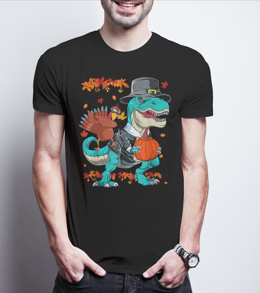 Thanksgiving Pilgrim T-Rex Dinosaur Dabbing Turkey With Pumpkin And Autumn Leaves T-Shirt