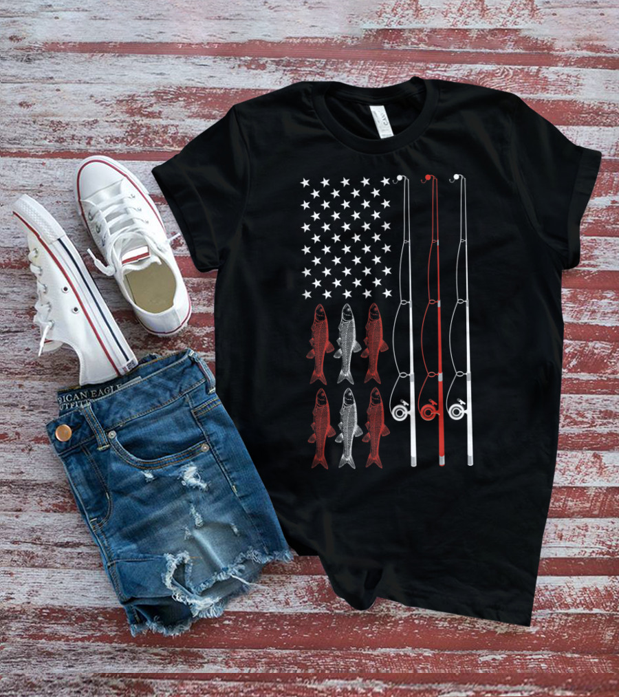 USA Flag Fishing Dad Grandpa Fish Poles Stars T-Shirt