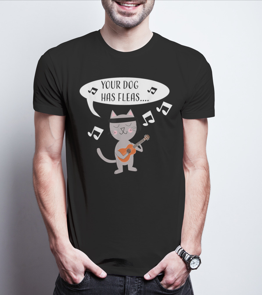 Ukulele Cat Playing Your Dog Has Fleas Tune With Music Notes T-Shirt