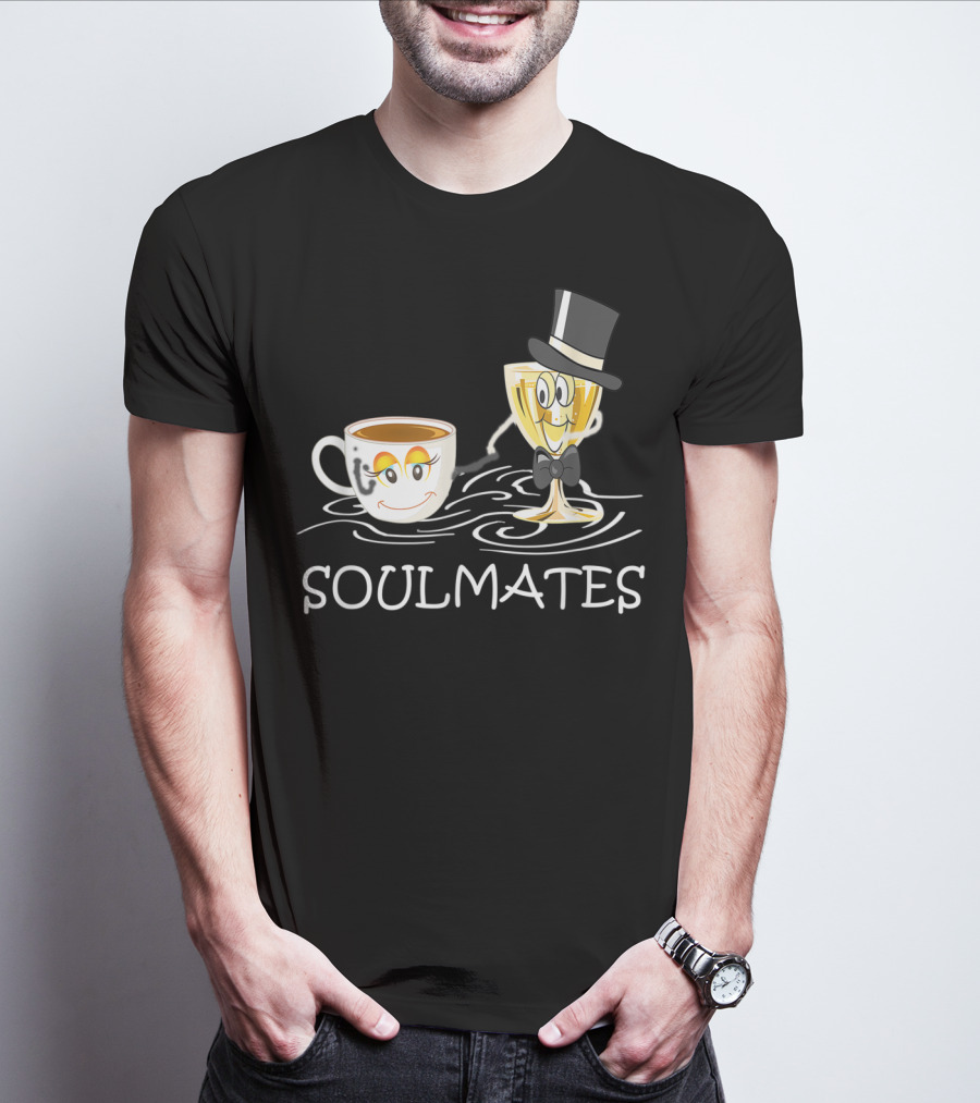 Funny Wine And Coffee Soulmates With Smiling Cup And Glass In Love T-Shirt